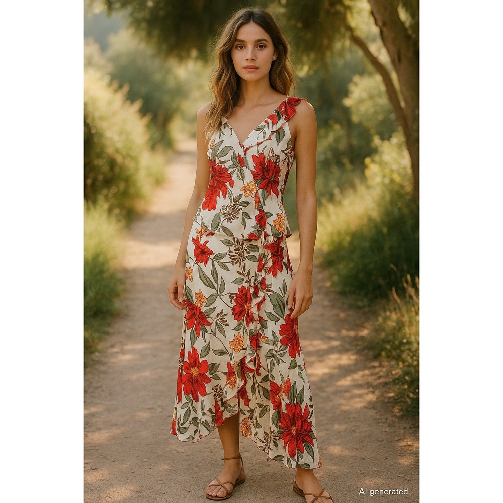 Y2K Womens Cami Skirt Set Size M White Red Floral‎ Asymmetrical Boho Euro Summer